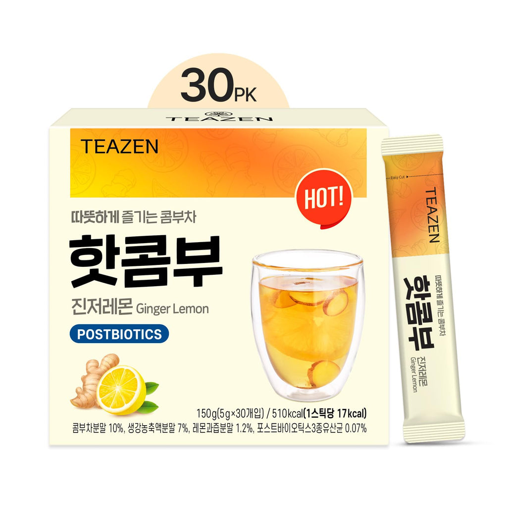 TEAZEN Lemon Ginger Hot Kombucha Tea, Live Probiotics & Postbiotics, Relaxation and Warmth for Colds and Sore Throat, Hydration Drink Mix, Sugar Free, 30 Sticks, 5.29oz TEAZEN Au supplements
