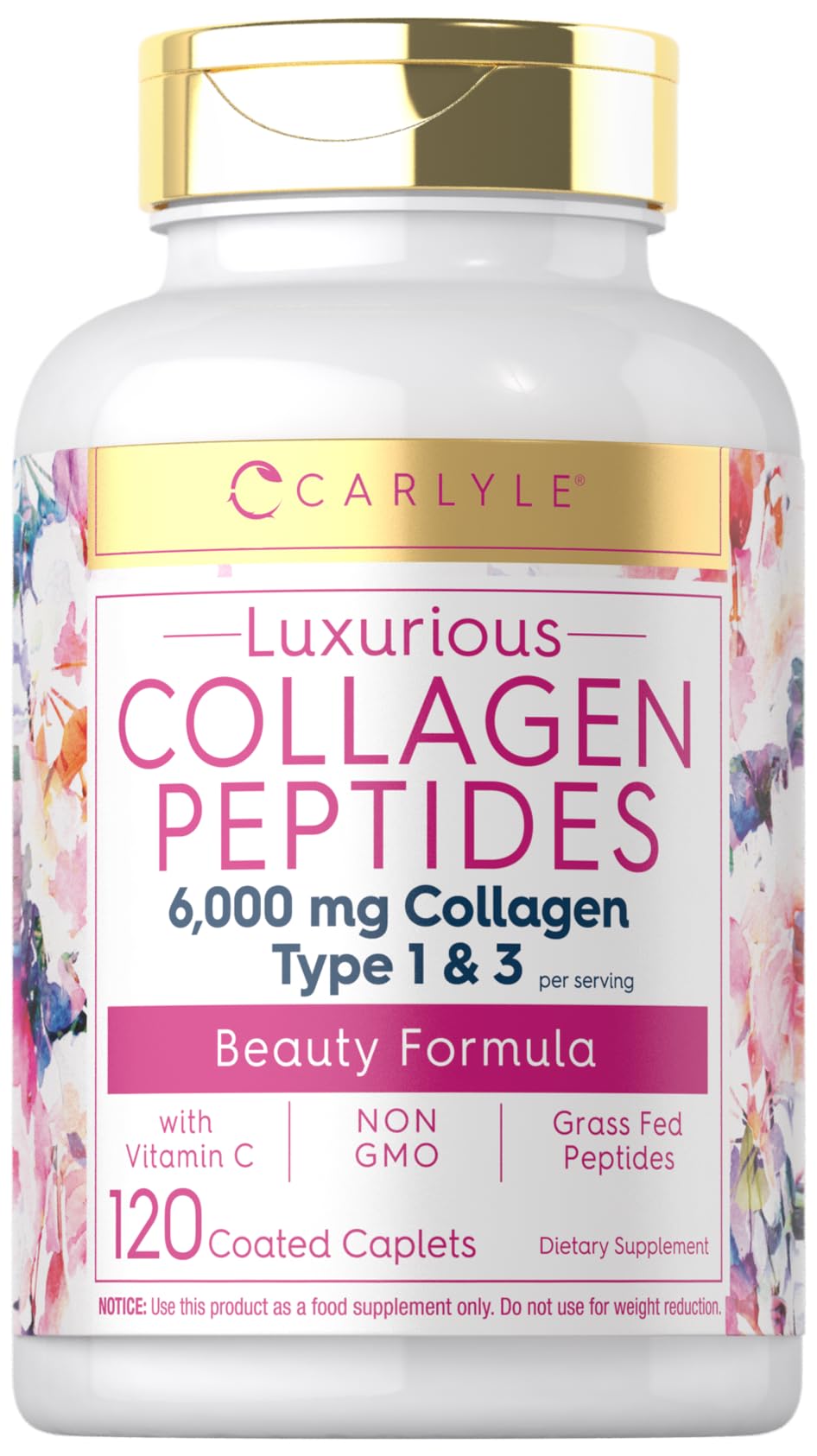 Carlyle Collagen Peptides with Vitamin C | 6000mg | 120 Caplets | Grass Fed Type II & III | Beauty Formula | Non-GMO, Gluten Free Supplement