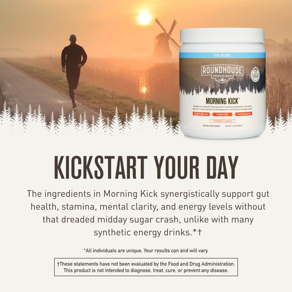 ROUNDHOUSE PROVISION Morning Kick, Zero Sugar Greens Superfood Powder Supplement with Ashwagandha, Collagen, Probiotics, Debloat Drink