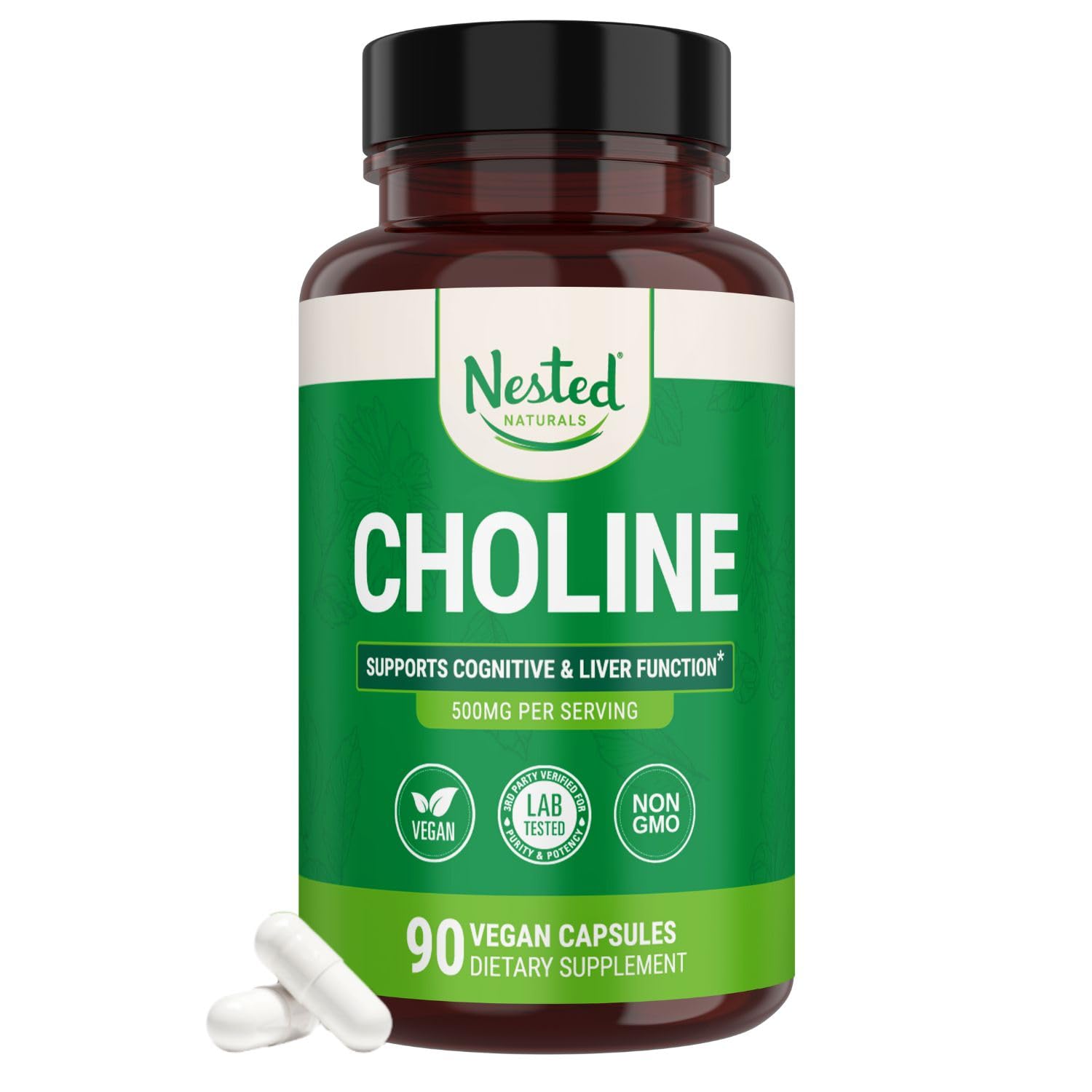 Nested Naturals Choline Bitartrate 500mg Per Serving - High Potency Choline Supplements - Supports Cognitive Performance & Liver Function -