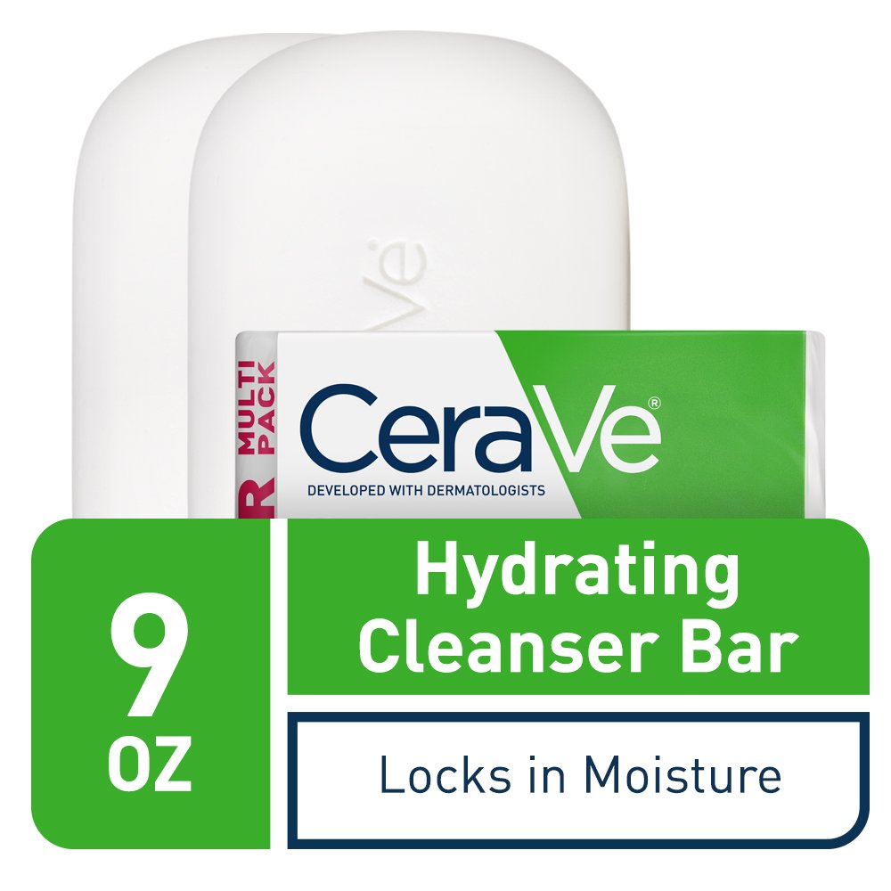 CeraVe Hydrating Cleanser Bar, Soap-Free Body and Facial Cleanser with 5% Moisturizing Cream, Fragrance-Free, 2-Pack, 4.5 Ounce Each