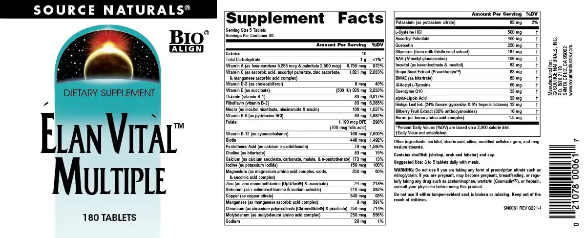 Source Naturals Elan Vital Multiple - Supports Brain, Heart, Liver, Immune, Energy Boost - 180 Tablets Source Naturals Au supplements