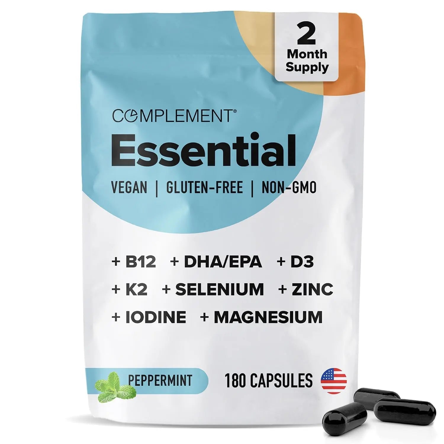 Complement Essential Vegan Multivitamin for Men & Women (60 Servings, 180 Capsules) with Omega-3 DHA & EPA, B12, Vitamin D3 & K2 Complement Au supplements