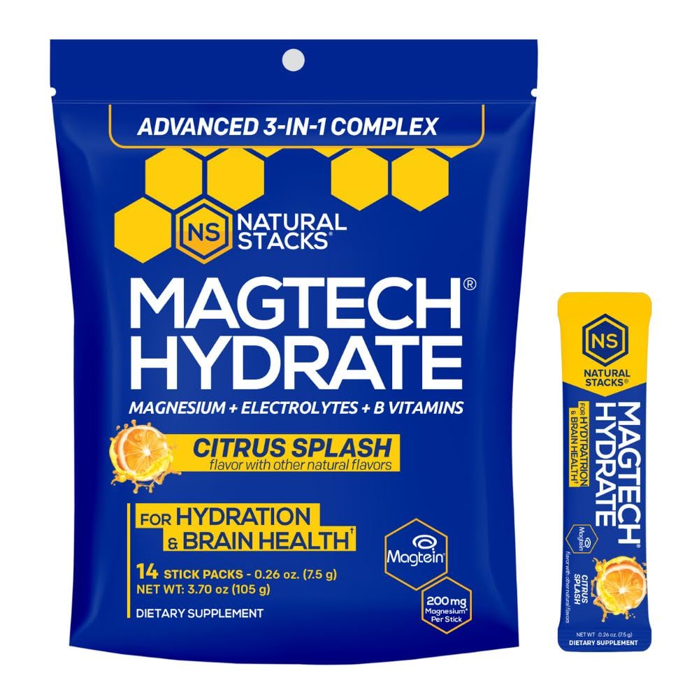 MagTech Magnesium Hydrate Packets - Sugar Free Hydration Powder - Magtein Magnesium L-Threonate, Glycinate & Taurate - 200mg Chelated Triple Complex - Supports Hydration & Brain Health* - 14 Servings NATURAL STACKS Au supplements