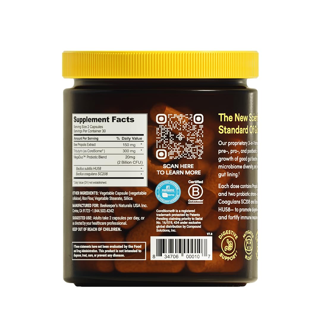 Complete Gut Health by Beekeeper's Naturals, 3-in-1 Prebiotic, Postbiotic, Probiotics for Digestive Health & Bloating Relief for Women & Men