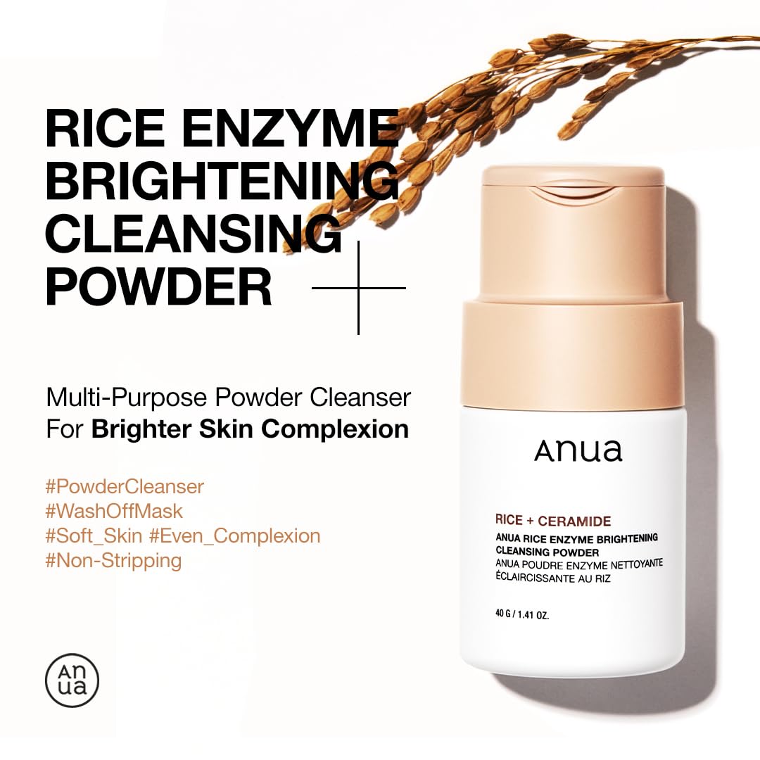 ANUA Rice Enzyme Brightening Cleansing Powder, Exfoliating Powder-to-Foam Cleanser, Smooth Texture & Clarity