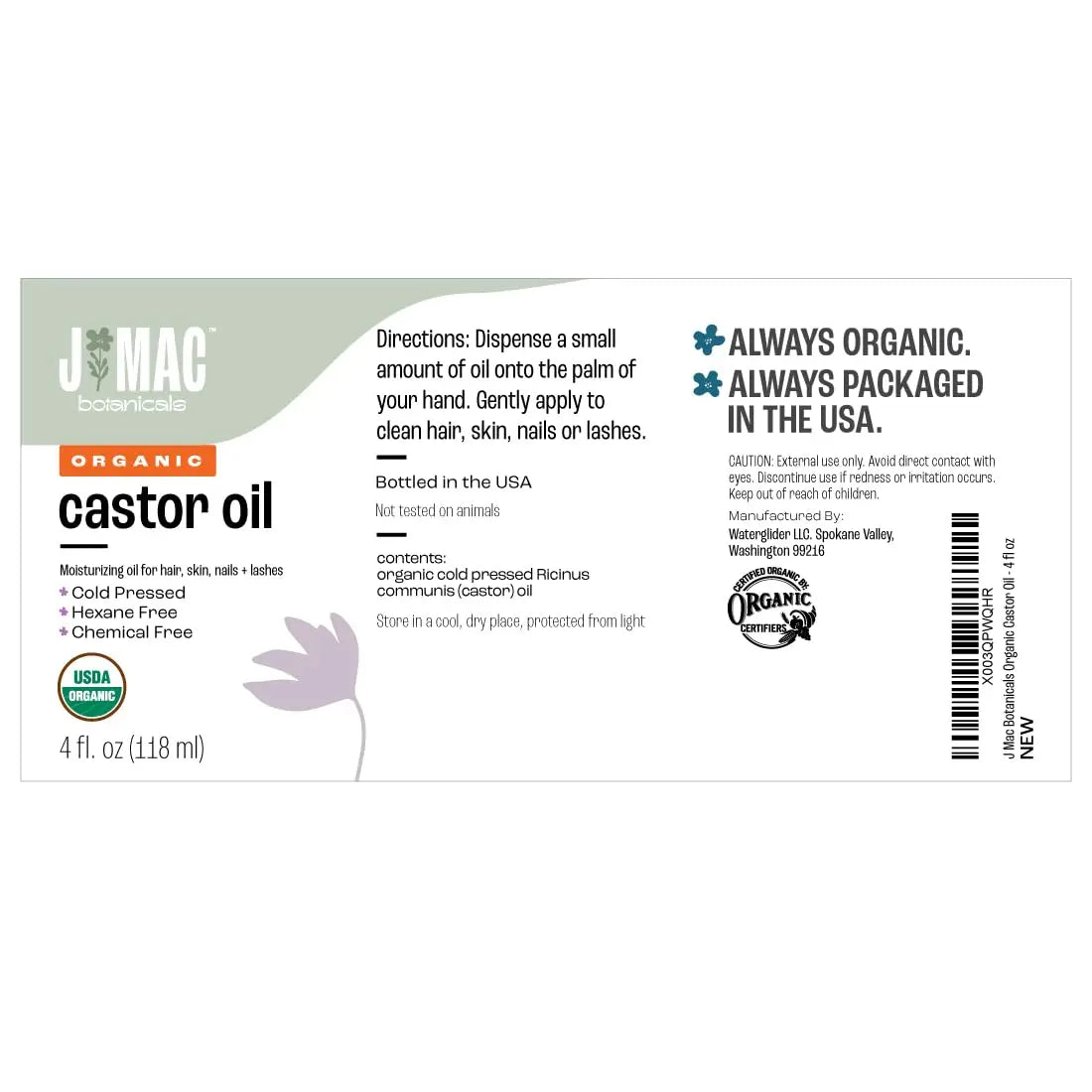 J MAC BOTANICALS Organic Castor Oil Cold Pressed (Glass Bottle, 4 oz ) J MAC BOTANICALS Au supplements