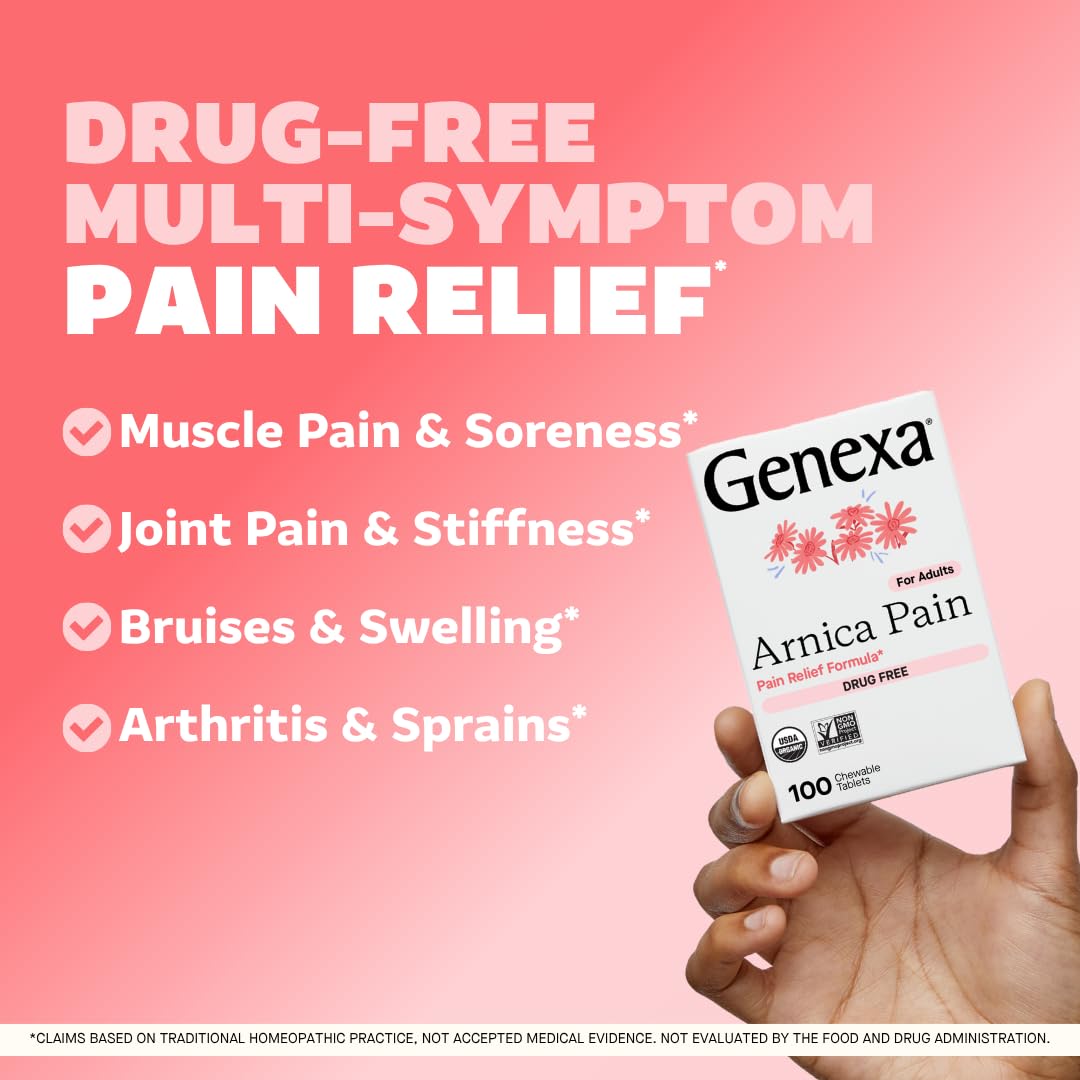 Genexa Arnica for Pain Relief | Alleviate Muscle & Joint Pain, Soreness & Stiffness | Reduces Bruises & Swelling | Organic Grape Flavor | Homeopathic Remedy Made Clean | 100 Chewable Tablets Genexa Au supplements