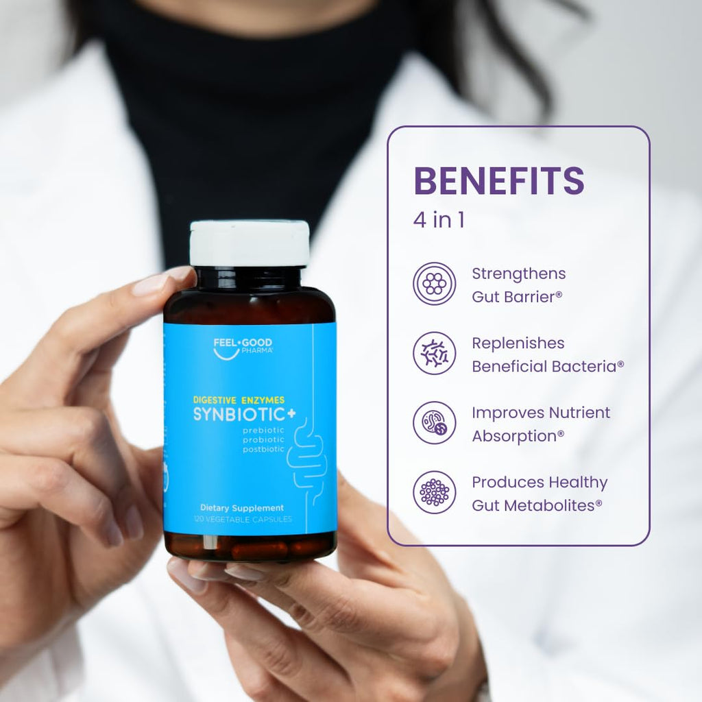 Feel Good Digestive Enzymes 4-in-1 Synbiotic+ – with Prebiotics, Probiotics & Postbiotics – Gut Health, Digestion & Bloating Relief