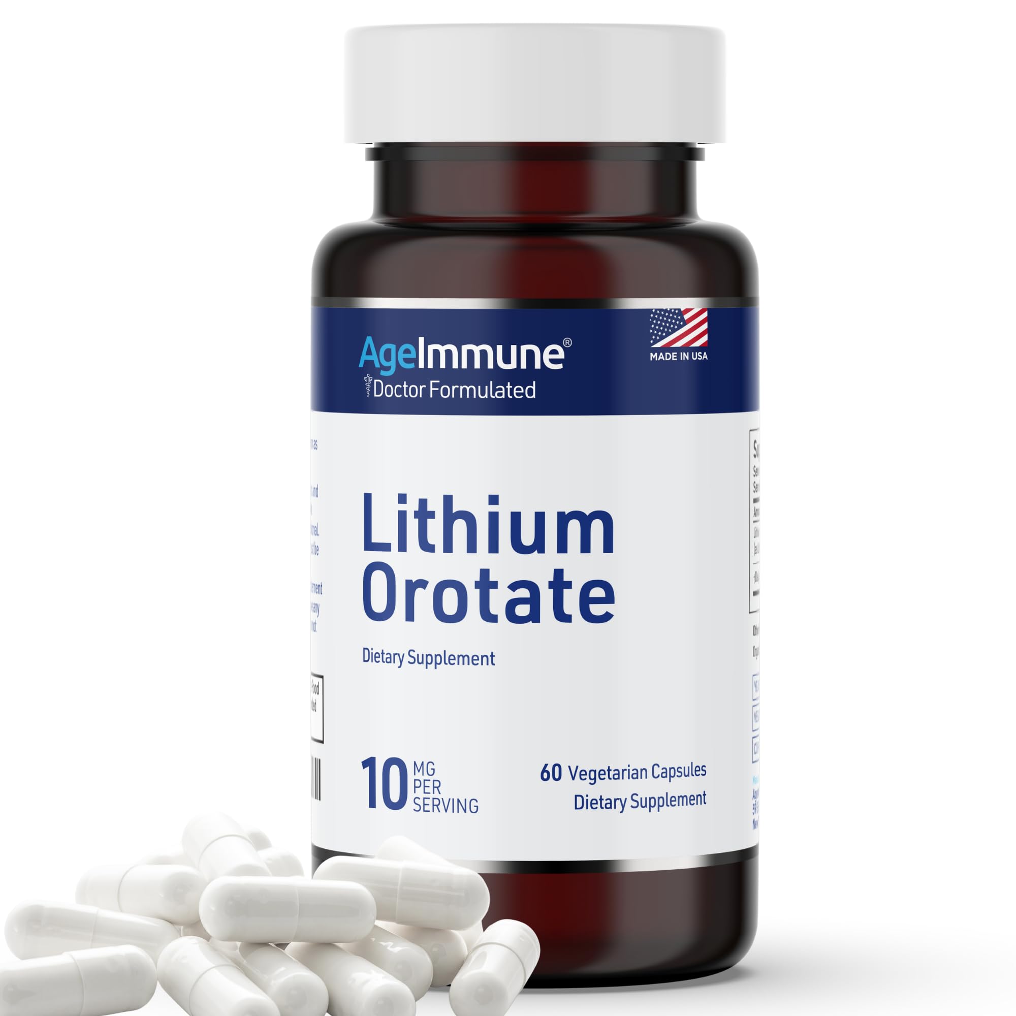 Lithium Orotate 10mg per Capsule - 60 Vegetarian Capsules. Memory and Emotional Wellness Support - Magnesium Stearate Free