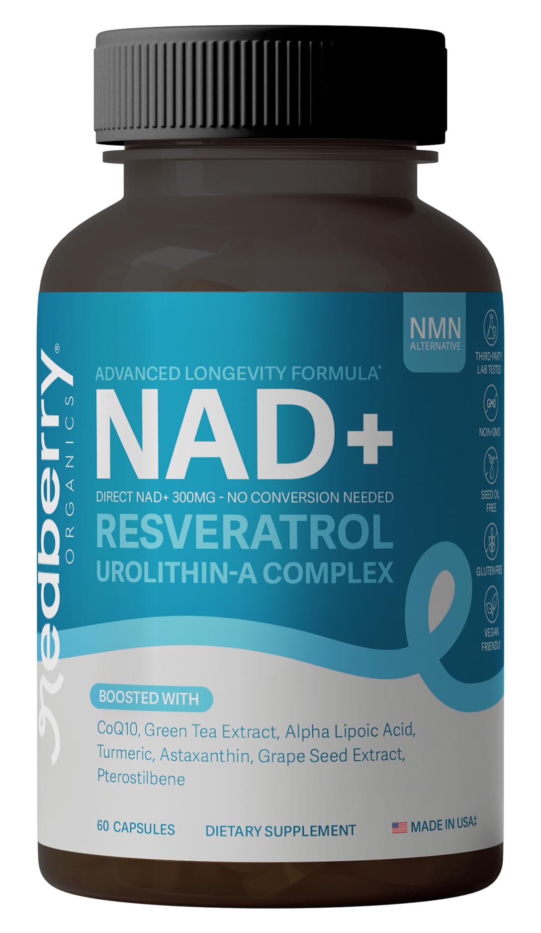 NAD Supplement with Direct NAD+ 300mg (NAD Plus) | Advanced Longevity Complex with Urolithin A & Resveratrol | NMN Alternative | 60 Capsules | Non-GMO, Gluten Free | Made in USA Redberry Organics Au supplements