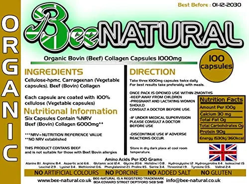 Beef Bovin 100 Hydrolyzed Collagen 1000mg Capsules Bee-natural Au supplements