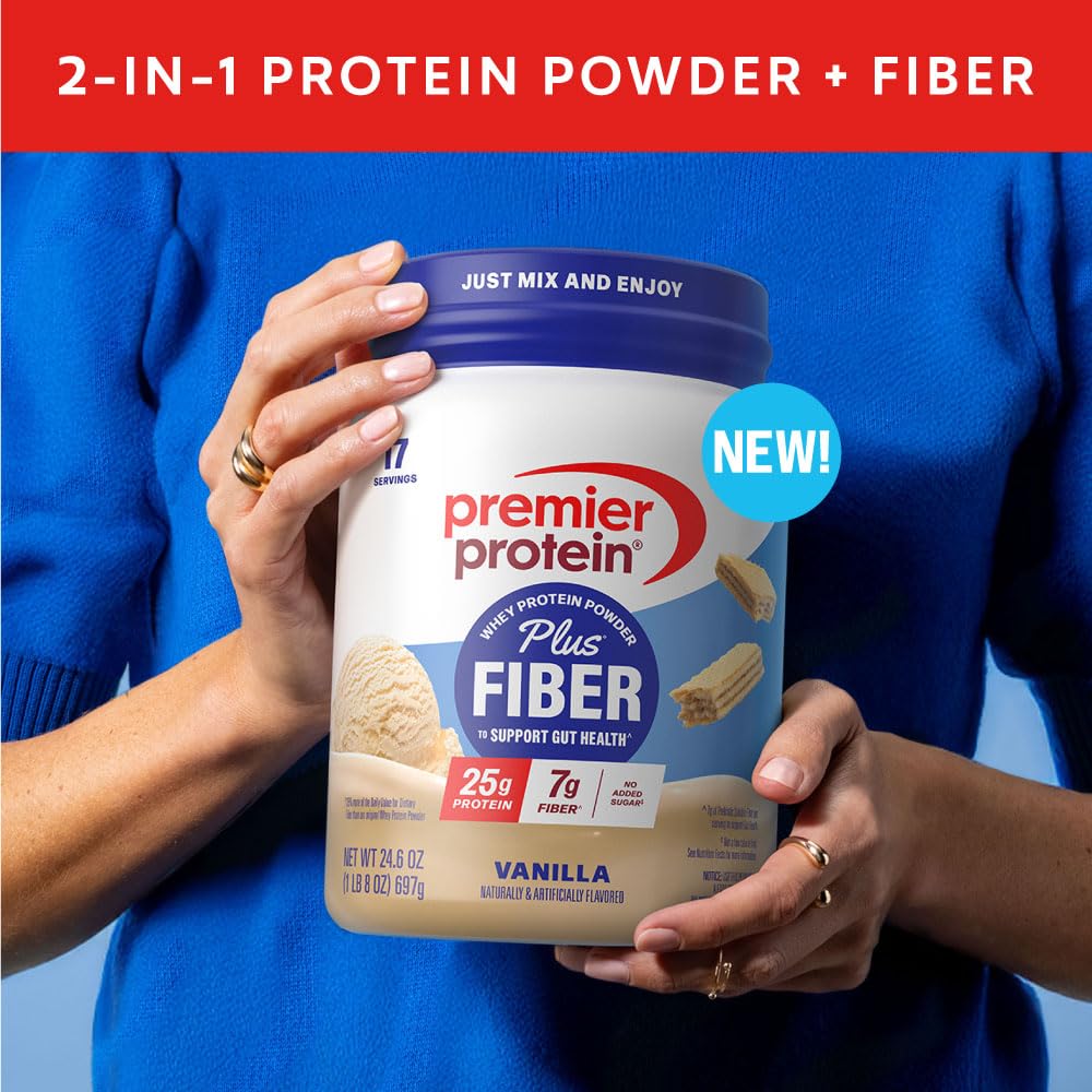 Premier Protein Powder Plus Fiber, Vanilla, 25g Protein, 7g Fiber to Support Gut Health, No Added Sugar (17 Servings)