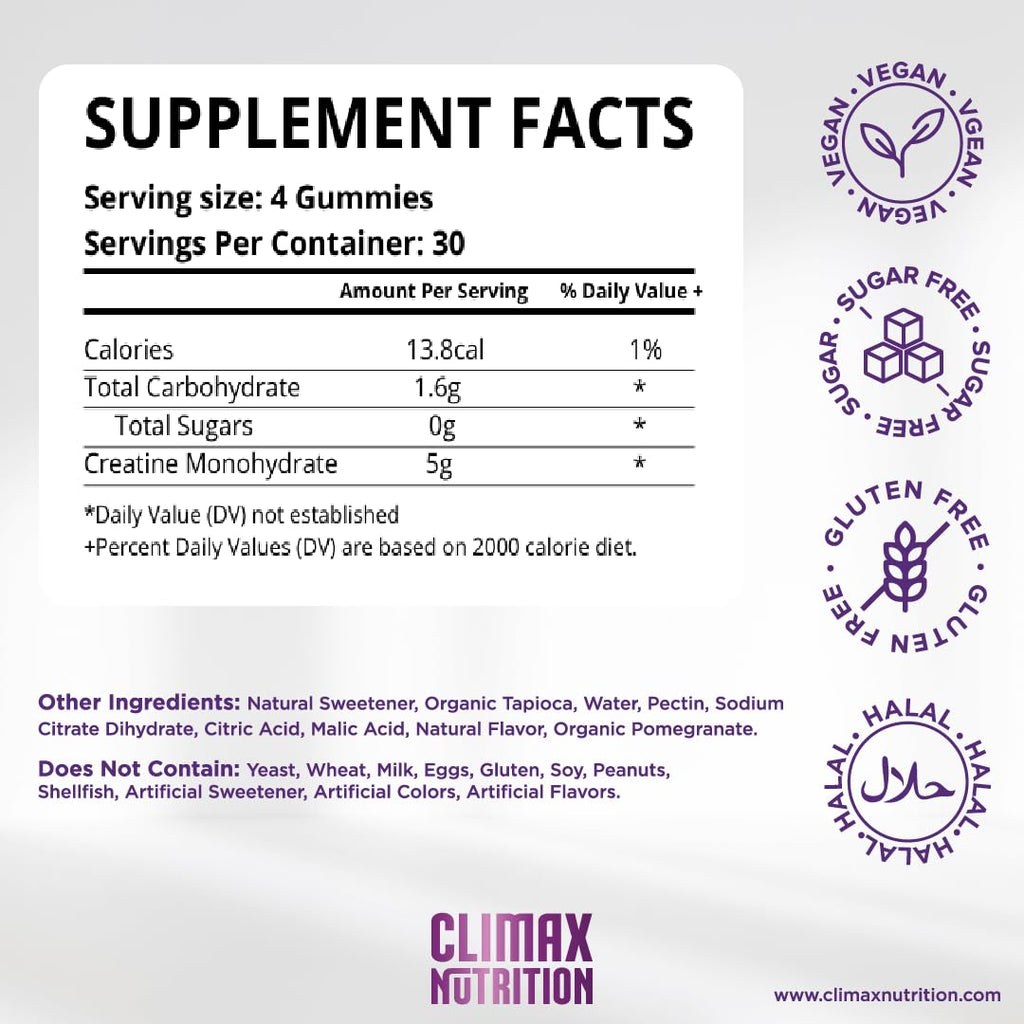 Creatine Monohydrate Gummies - Vegan, Sugar-Free, Gluten-Free - Boosts Muscle Recovery, Strength & Lean Muscle Growth - Brain Health Support - for Men & Women - Blueberry Flavor - 120 Gummies CLIMAX NUTRITION Au supplements
