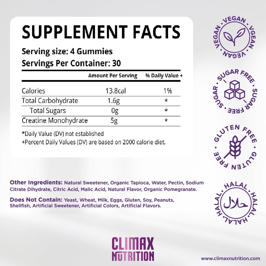 Creatine Monohydrate Gummies - Vegan, Sugar-Free, Gluten-Free - Boosts Muscle Recovery, Strength & Lean Muscle Growth - Brain Health Support - for Men & Women - Blueberry Flavor - 120 Gummies CLIMAX NUTRITION Au supplements