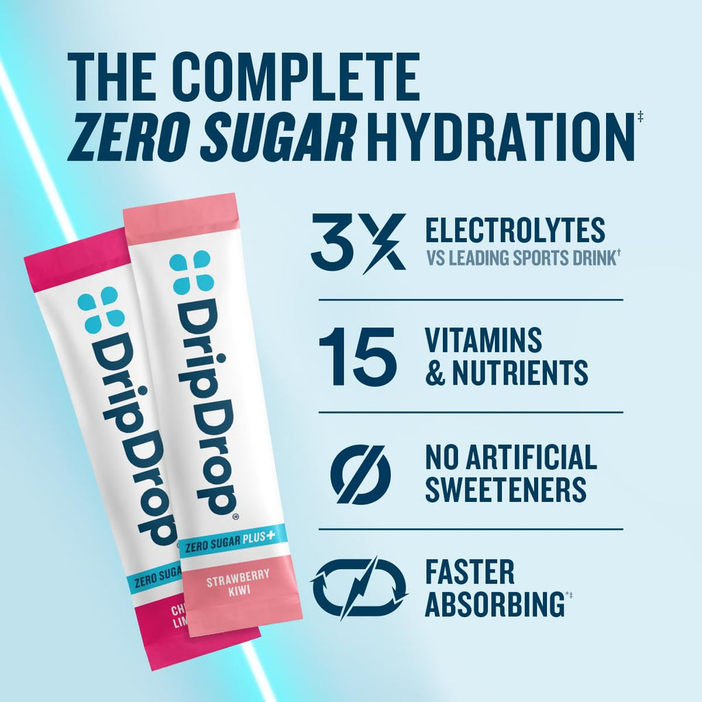 DripDrop Zero Sugar Plus - Sugar Free Hydration Packets - Single Serve Electrolytes Powder Drink Mix - Strawberry Kiwi, Peach, Cherry Limeade, Wild Berry