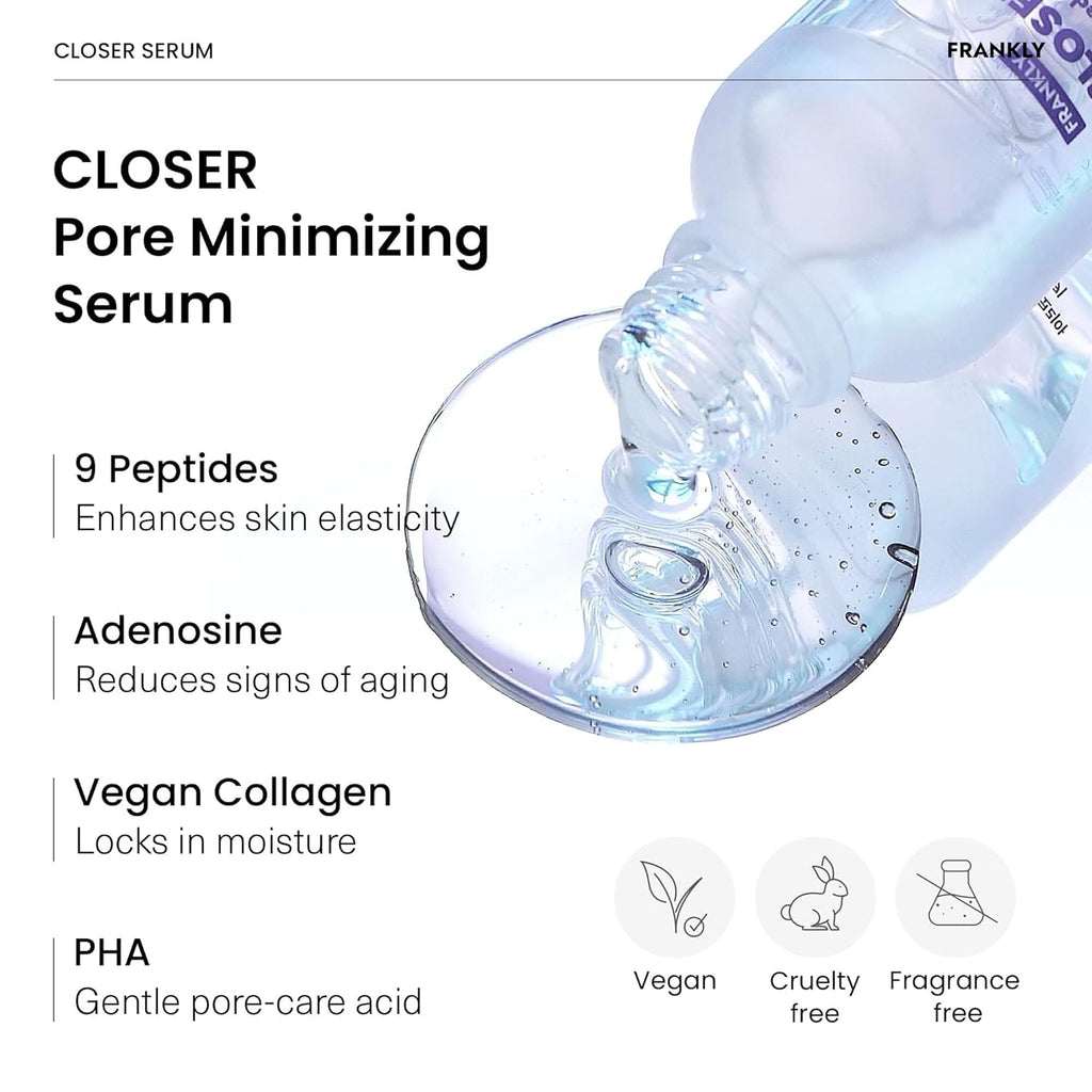 FRANKLY Closer Serum | Pore Minimizer Serum | 9 Peptides, Vegan Collagen, Adenosine, PHA | Korean Pore Minimizer for Glass Skin