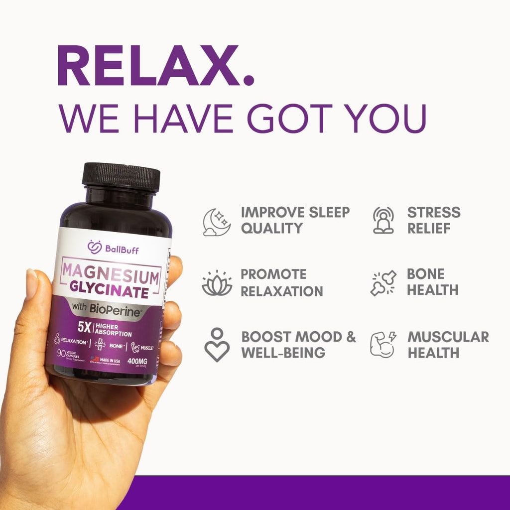 Pure Magnesium Glycinate 400mg - 5X Higher Absorption - Support Stress Relief, Sleep, Bone Health - 100% Chelated - Pure Magnesium Supplement