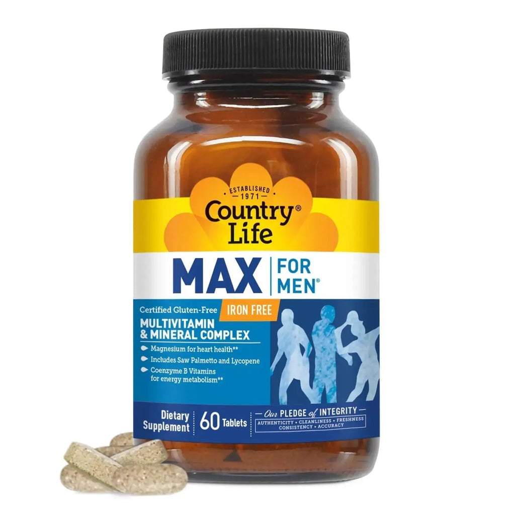 Country Life Max for Men, Multivitamin & Mineral complex, Iron-Free, Vegetarian Tablets, 60 Count, Certified Gluten Free, Certified Vegetarian Country Life Au supplements