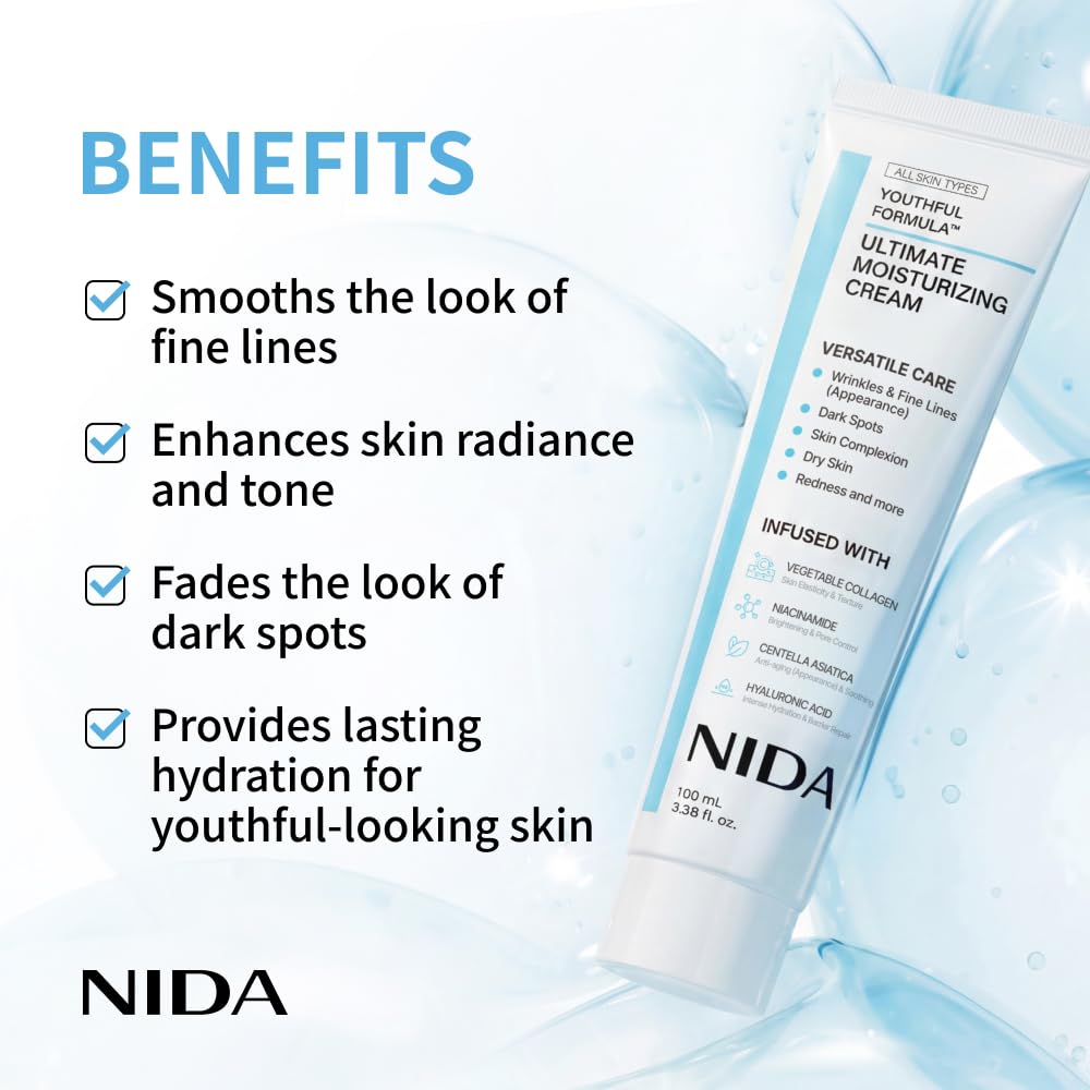 NIDA Youthful Formula™ Ultimate Moisturizing Cream | Centella Asiatica, Niacinamide, Hyaluronic Acid, Collagen | Wrinkles, Fine Lines