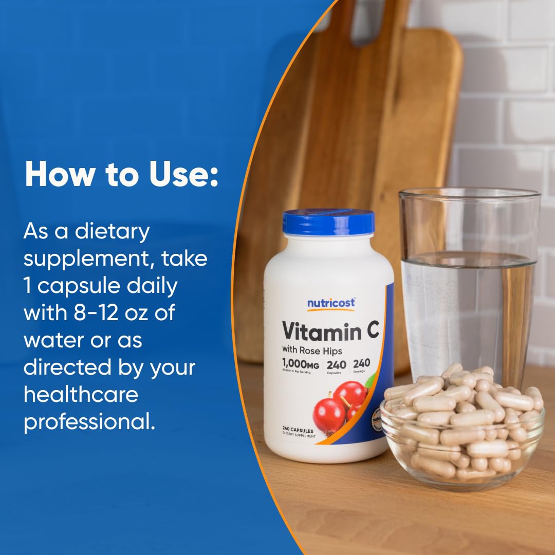Nutricost Vitamin C with Rose Hips 1025mg, 240 Capsules - Vitamin C 1,000mg, Rose Hips 25mg, Premium
