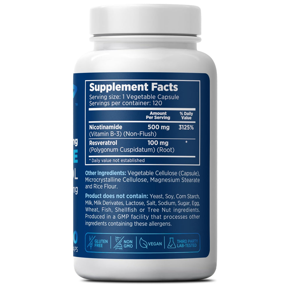 Nicotinamide 500 mg with Resveratrol 100 mg 120 Veggie Capsules - Non-GMO Vitamin B3, Supports Metabolic Health, NAD+, Skin Cell & Mitochondrial Energy Production. Made in USA for Men and Women Prime Formulas Au supplements