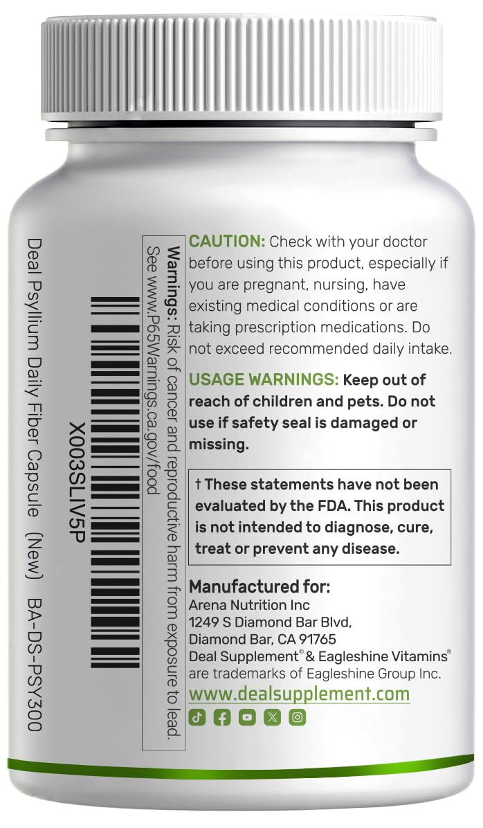 Psyllium Husk 1500mg Per Serving, 300 Capsules – 3 in 1 Fiber Supplement with Inulin & Acacia Complex – Natural Soluble Fiber