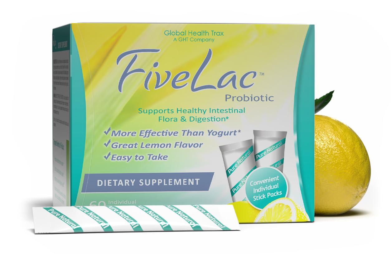 Global Health Trax GHT - FiveLac Lemon Probiotic Powder Drink Mix, Probiotics for Women, Men, Kids - Smooth Digestive Support & Elimination – Relieve Constipation & Gas - 60 Packets, 3.18 Oz, Non-GMO ght Global Health Trax Au supplements