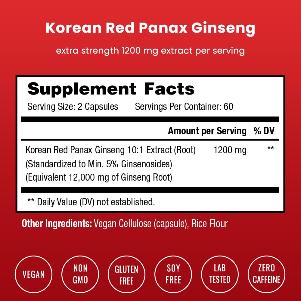 NutraChamps Korean Red Panax Ginseng Capsules | Extra Strength Ginsenosides for Energy, Focus, Performance, Vitality & Immune Support