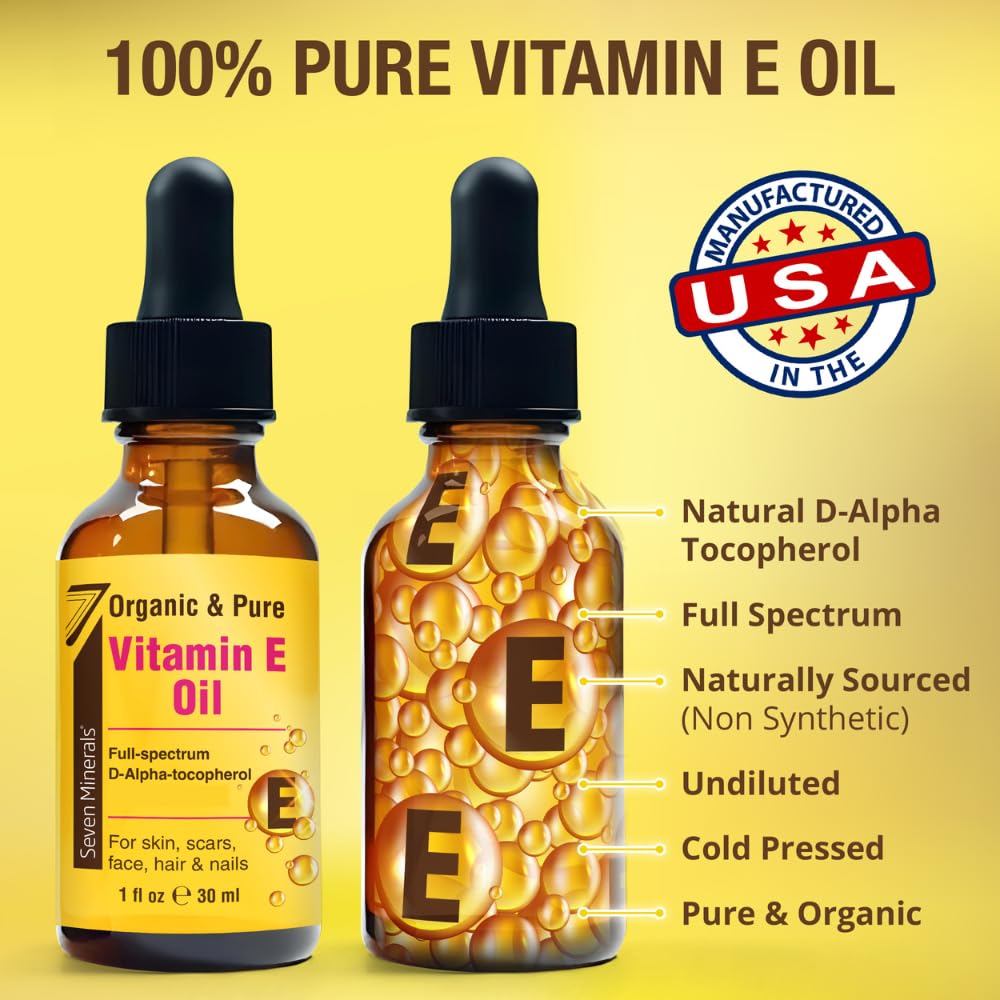 Seven Minerals Ultra Pure Vitamin E Oil - Full-Spectrum D-Alpha Tocopherol, 1 Fl Oz - 100% Organic Vitamin E Oil for Skin