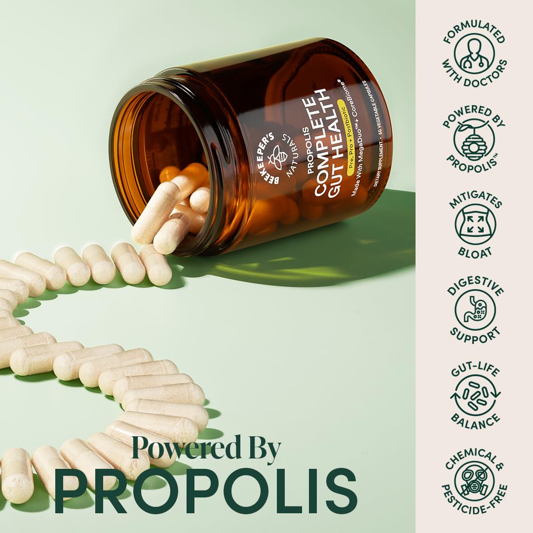 Complete Gut Health by Beekeeper's Naturals, 3-in-1 Prebiotic, Postbiotic, Probiotics for Digestive Health & Bloating Relief for Women & Men