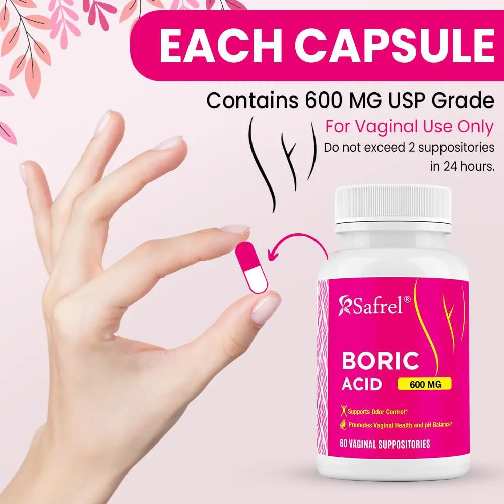 Safrel Boric Acid Vaginal Suppositories - 60 Count (1-Pack) – 100% Pure USA-Made, Supports Intimate Safrel Au supplements