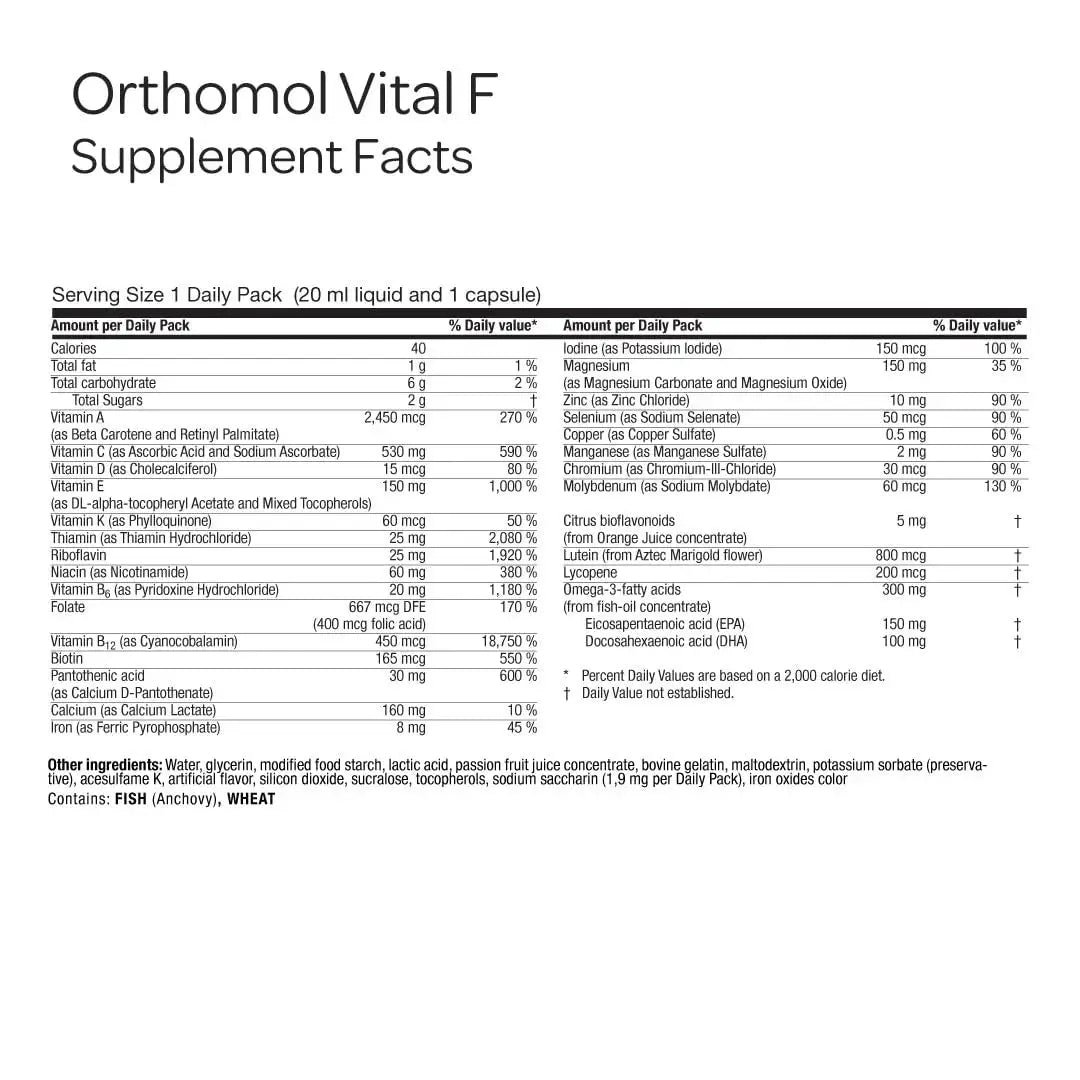 Orthomol Vital F Vial, Women's Multivitamin, 7-Day Supply, Vitamins A, B, C, D, E, K, Calcium, Iodine, Omega-3 Orthomol Au supplements