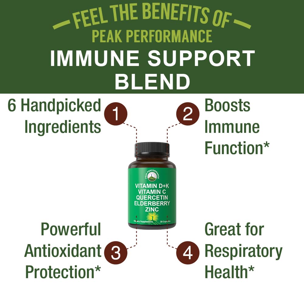 Immune Support Supplement with 6 Top Ingredients. Vitamin D3 K2 + Vitamin C + Elderberry + Zinc + Quercetin. Includes 5000 IU Vitamin D. Immunity Capsules. Supplements for Women and Men Peak Performance Au supplements