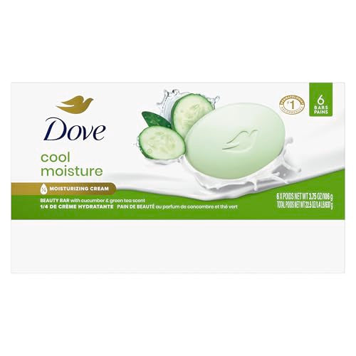 Dove Beauty Bar Soap Cool Moisture Cucumber & Green Tea Scent, 6 Bars for Refreshed Skin, Leaves Skin Refreshed 3.75 oz