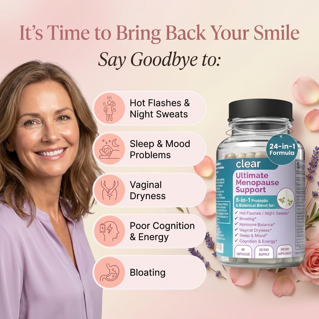 Clear Menopause Support for Women | 25-in-1 Formula with Black Cohosh, Dong Quai, Pre & Probiotics | Hot Flashes, Night Sweats, Mood, Sleep & Digestion | Hormone-Free | Made in USA | 60 Capsules Clear Probiotics Au supplements