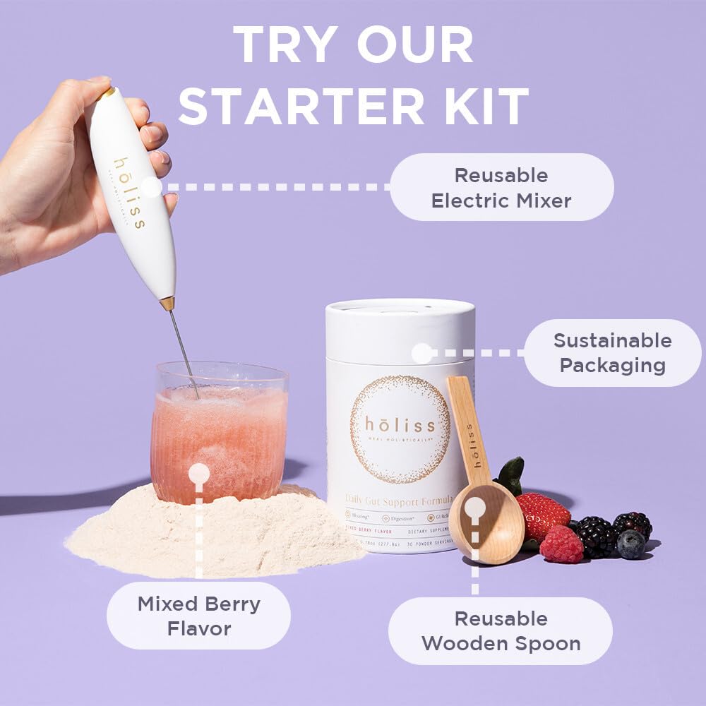 HOLISS Daily Gut Health Kit – 6-in-1 All Natural Supplement, Bloat & Gas Aid, GI Lining Repair, IBS Support – Lemon Balm, L-Glutamine, PepZinGI, Mixed Berry, 30 Servings, Electric Mixer & Spoon HOLISS Au supplements