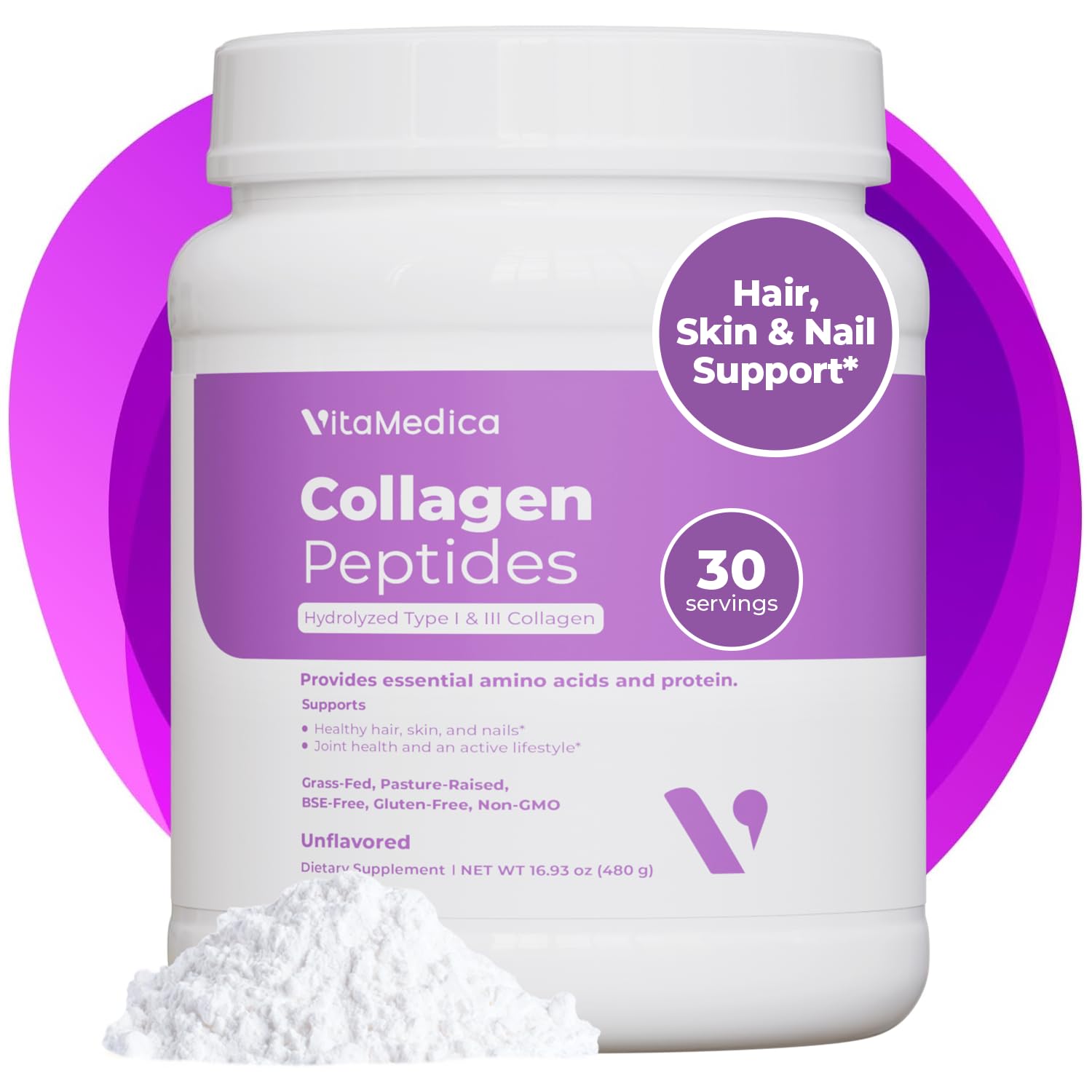 VitaMedica Collagen Peptides Powder for Women & Men - Healthy Hair, Skin, Nails, Bones and Joints - Hydrolyzed Types I & III, Grass-Fed, Pasture-Raised Protein, Zero Sugar - 30 Servings VitaMedica Au supplements