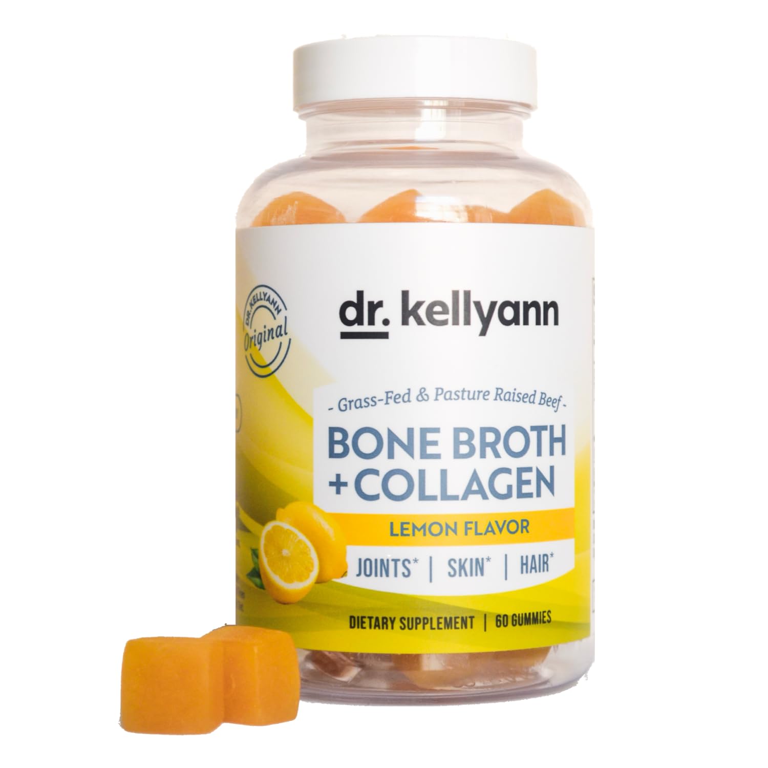 Dr. Kellyann Collagen + Bone Broth Gummies, Lemon | Gut, Skin, Joint & Hair Support | Grass-Fed Beef | Non-GMO, Dairy-Free, Soy-Free | 60 Gummies
