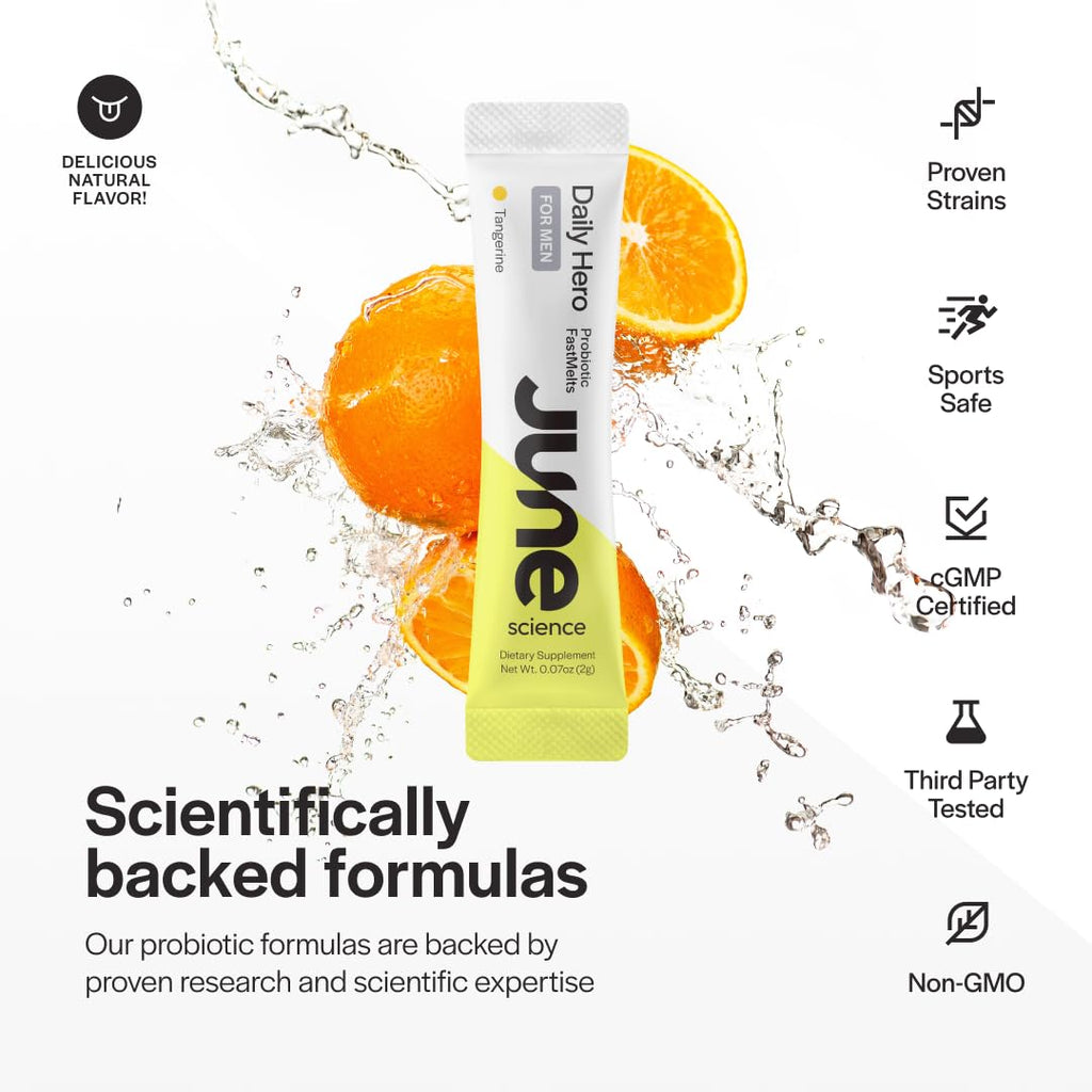 June Science Daily Hero for Men | Fast Melt Pre + Probiotic for Men - Tangerine Flavor, 30 Powder Sachets