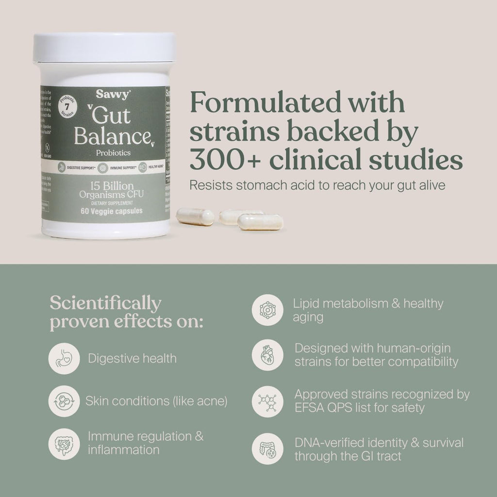 SAVVY Gut Balance Probiotics for Women & Men, 15 Billion CFU, 7 Clinically Studied Strains, Digestive Health, Immune Support, Bloating Relief, 60 Vegan Capsules, Non GMO, Sugar-Free SAVVY Au supplements