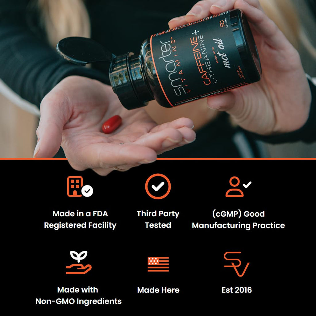 SmarterVitamins 200mg Caffeine Pills - MCT Oil from 100% Coconuts + 100mg L-Theanine, Energy and Focus