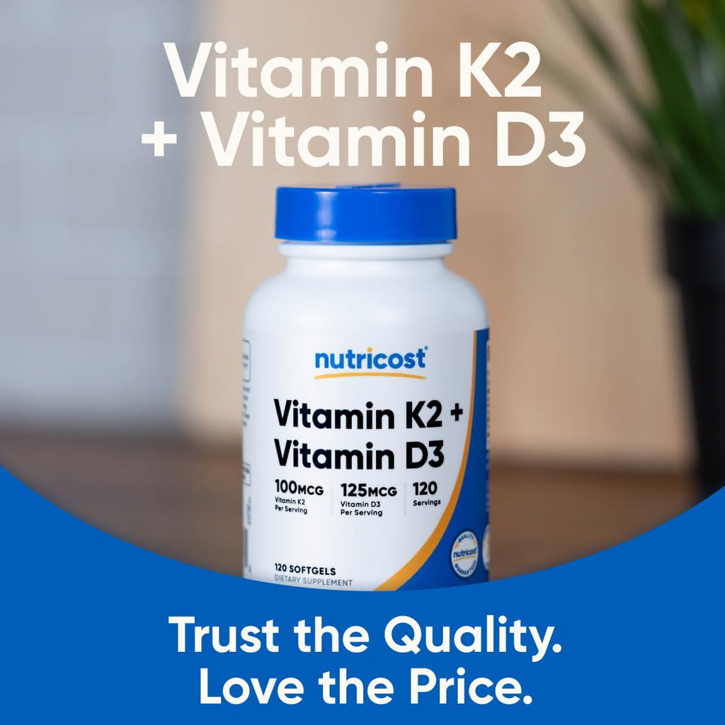 Nutricost Vitamin D3 + K2 (5000 IU D3 / 100mcg MK7), 120 Softgels – Gluten-Free & Non-GMO