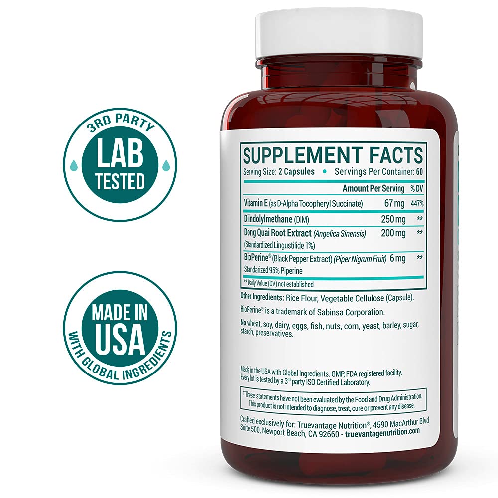 DIM Supplement 250mg (Diindolylmethane)-Plus Dong Quai, Natural Vitamin E & BioPerine - Supports Menopause Relief & Hormonal Acne -Hormone Balance Support for Women and Men-Veggie Caps Truevantage Nutrition Au supplements