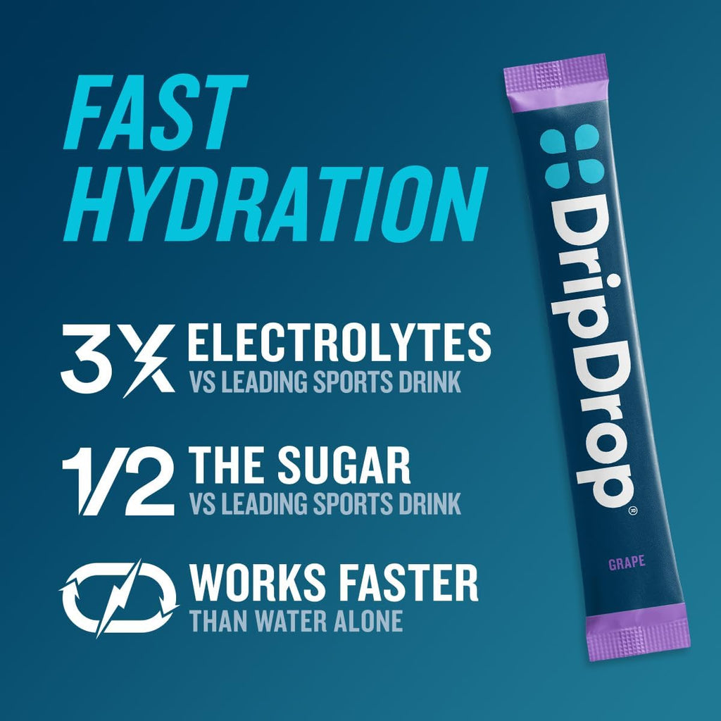 DripDrop Hydration Packets - Juicy Variety Pack - Single Serve Electrolytes Powder Drink Mix - Grape, Fruit Punch, Strawberry Lemonade, Cherry