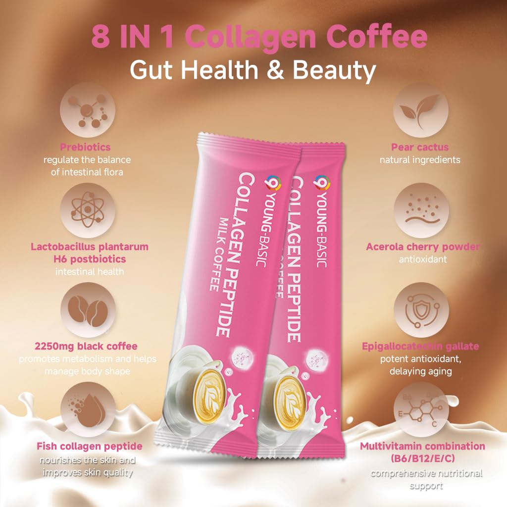 Collagen Peptide Milk Coffee - Rich in Premium Marine Fish Collagen Peptides, Multivitamins (B6/B12/C/E) and Prebiotics, Instant Milk Coffee with Creamer for Skin, Antioxidant, Aging and Gut Health 9 YOUNG-BASIC Au supplements