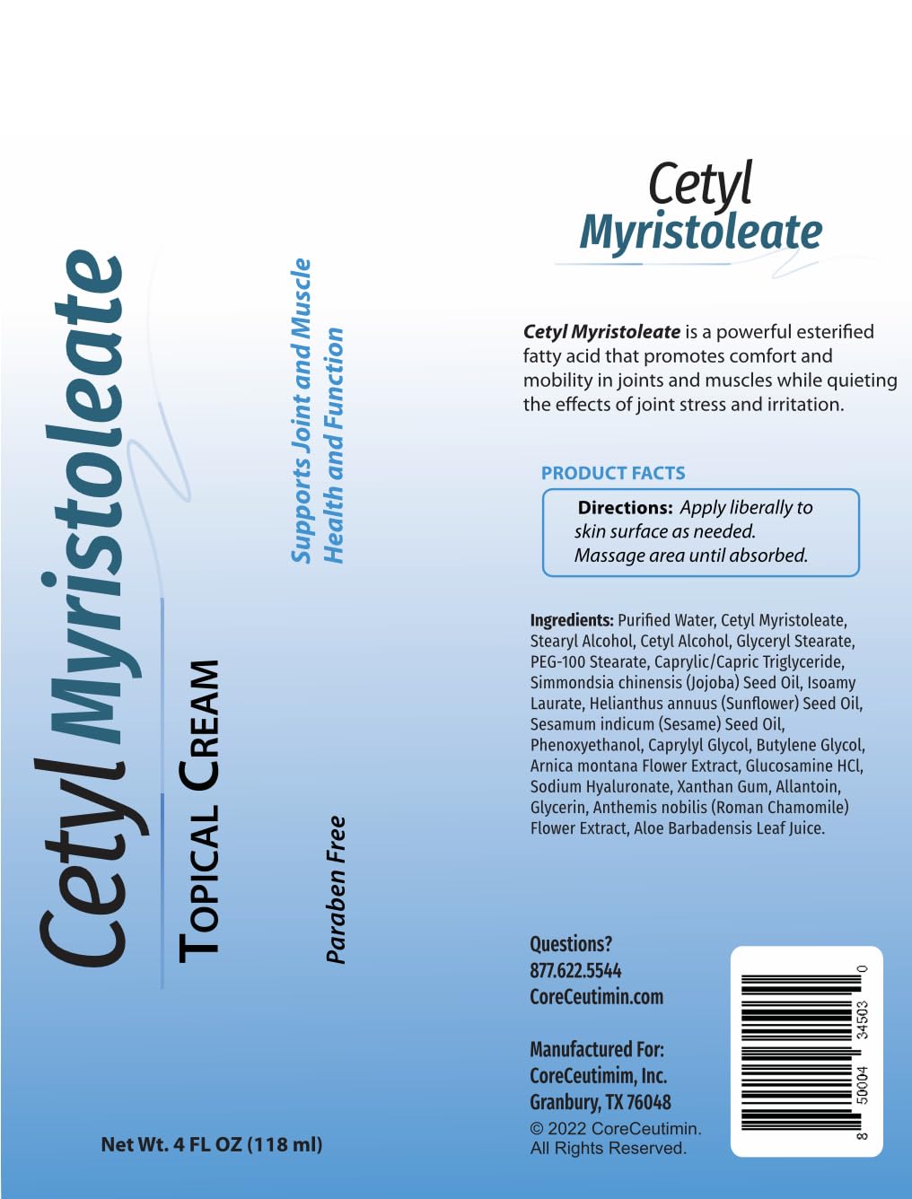 Cetyl Myristoleate Topical Cream Omega 5 Fatty Acid - Helps Reduce Joint and Muscle Discomfort - Includes Arnica, Glucosamine, Aloe,Jojoba, Sunflower & Sesame Seed Oil - 4oz. by Coreceutimin CoreCeutimin Au supplements