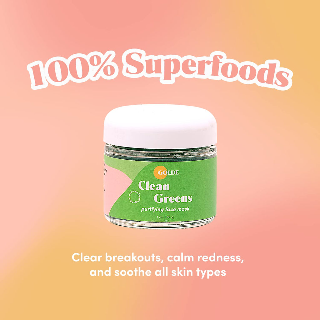 GOLDE - Clean Greens Superfood Face Mask - Made w/Chlorella & Spirulina - Great for Acne Prone, Oily & Dry Skin, Hydrating - Gentle Cleanser - Vegan - Aluminum-Free - 30g Jar GOLDE Au supplements