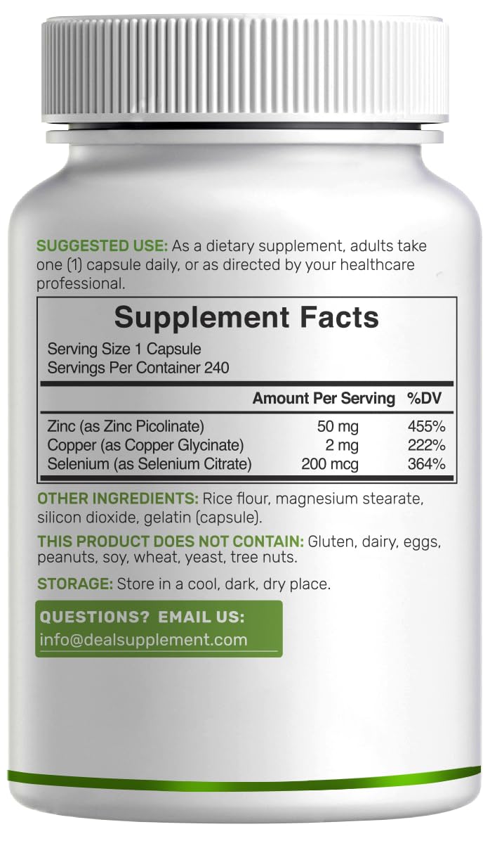 Deal Supplement Zinc 50mg with Selenium + Copper, 240 Capsules, 8 Month Supply, 3 in 1 Mineral Formula, Zinc Picolinate Complex Supplement