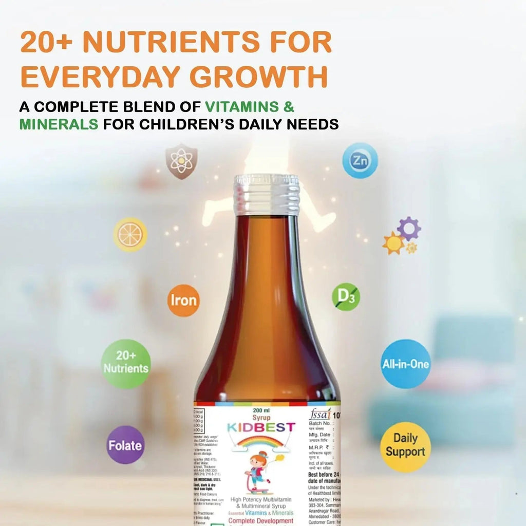 Kidbest Multivitamin Syrup for Kids 3-13 Years – Liquid Formula with 20 Nutrients for Appetite, Immunity, and Growth – Tasty Daily Vitamins HealthBest Au supplements